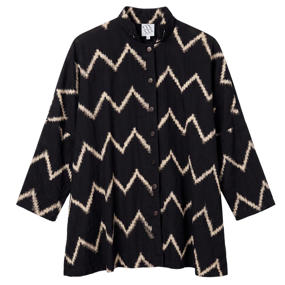 M Square Neetu Malik Size 2 Black Tan Zig Zag Wave Shirt Jacket Pockets Linen